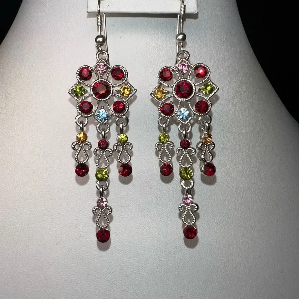 Silver Tone and Colorful Crystal Boho Chandelier Earrings - Picture 3 of 7